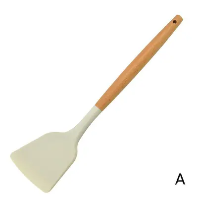 White Silicone Wooden Handle Kitchen Utensil Set Food Grade High Temperature Resistant Heat Insulating Spatula Spoon Food Tongs Storage Bucket - 7