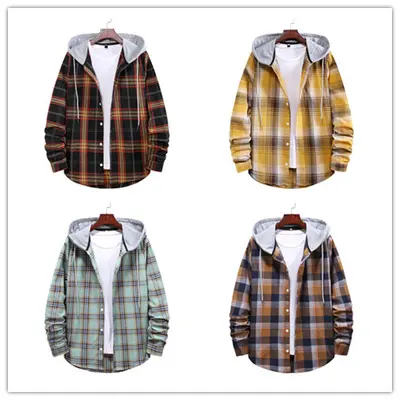 Men's Loose Plaid Hooded Shirt, Plus Size