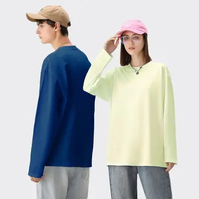 230 g pamuklu unisex uzun kollu T-shirt, sonbahar ve kış, küçük yaka