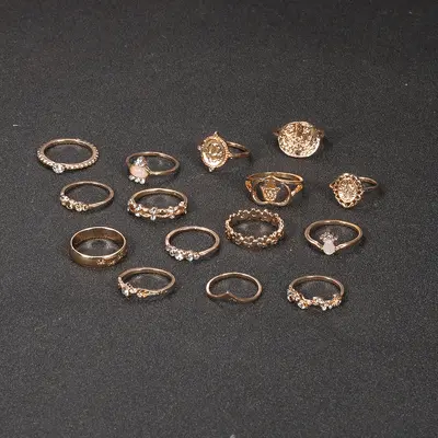 Vintage Gold Coin Hand of Fatima Ring Set, 15 Pieces
