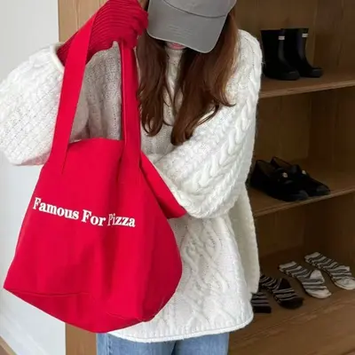 Red Letter Print Canvas Tote Bag with Large Capacity