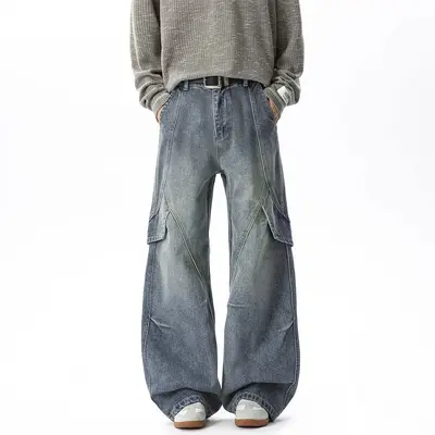 Men's Black Jeans, Loose Straight-Leg Wide-Leg Pants with Patchwork