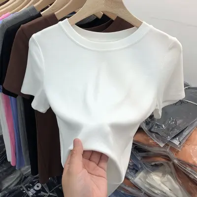 2026 summer new style ribbed round neck slim fit women's t-shirt, short sleeve versatile solid color basic t-shirt top - 8