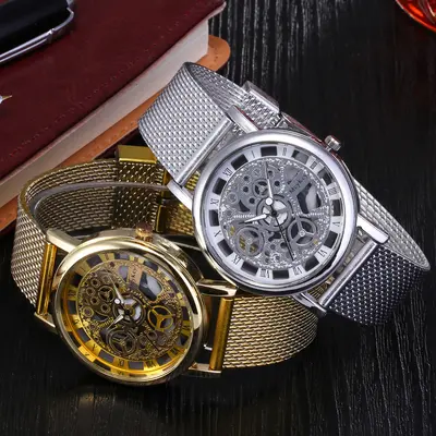 Herrenquarzuhr, Openwork-Design, Mesh-Armband - 5