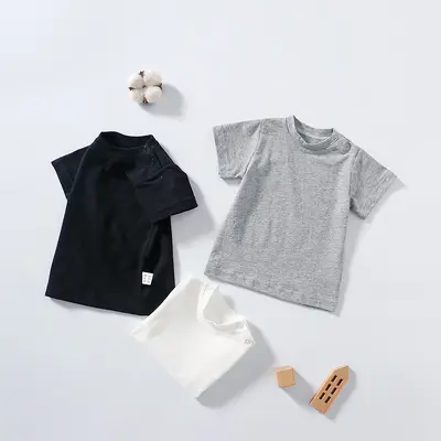 Baby-Kurzarmshirt, Rundhals, Schulterknöpfe, Baumwolle, einfarbig