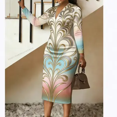 Floral V-Neck Women's Long Sleeve Bodycon Dress