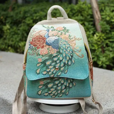 Women's Ethnic Embroidered Canvas Backpack with Gold Thread Embroidery - 11