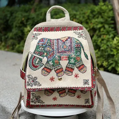 Women's Ethnic Embroidered Canvas Backpack with Gold Thread Embroidery - 8