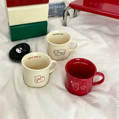 Cute Cartoon Ceramic Mug Couple Set, Bright Red, Christmas Gift - 5