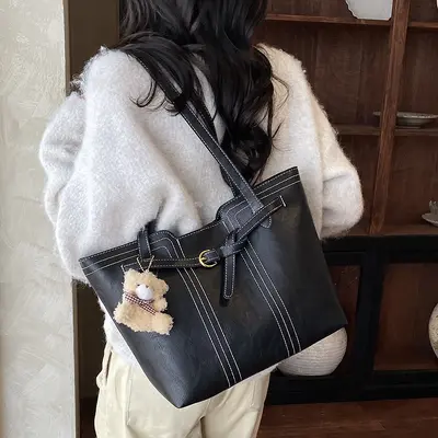 Retro Large Women's Tote Bag, Oil Wax Leather Look, Single Shoulder Underarm Style - 5