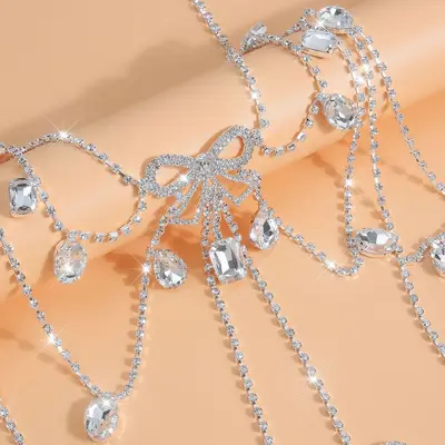Multi-Layer Bow Full Rhinestone Bikini Chest Chain, Body Chain