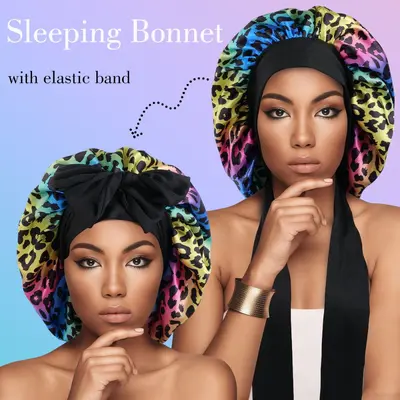 Leopard Print Drawstring Sleep Cap with Wide-Brim Beauty Hair Care Hat - 12