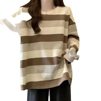 American retro oversized striped sweatshirt for women, spring and autumn thin loose boyfriend style comfortable long-sleeve shirt top.
