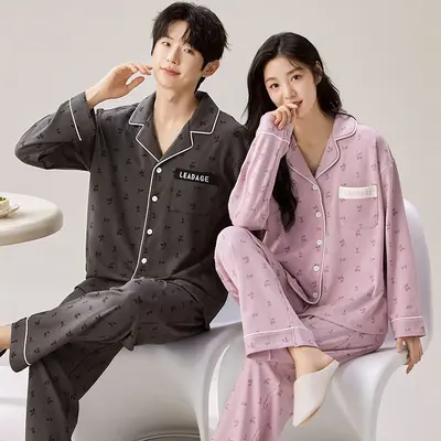 Couple's Home Wear Set, Long Sleeve Button-Up Pajama Set for Men and Women