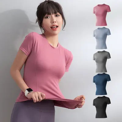 Kadın Yaz İnce Esnek Slim Fit Kısa Kollu T-Shirt Spor Yoga Üstü - 1