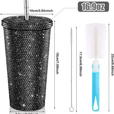 Doppelwandiger Edelstahlbecher mit Trinkhalm, Diamantbeschichtung, Geschenk - 6