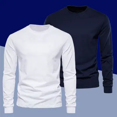 Men's White Long-Sleeve T-Shirt, Fleece-Lined, Pure Cotton