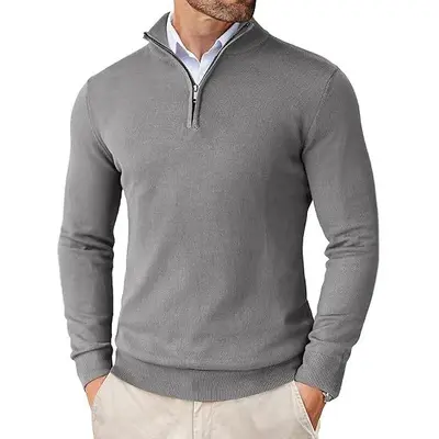 Erkek yarım fermuarlı örgü kazak, slim fit, ince astarlık