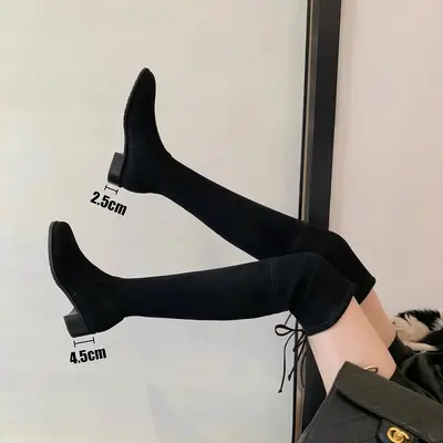 Damen-Reiterstiefel, gefüttert, Blockabsatz, elastisch, overknee