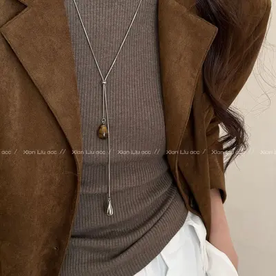 Tiger's eye water drop pull-through necklace, long design, women's accessory - 7
