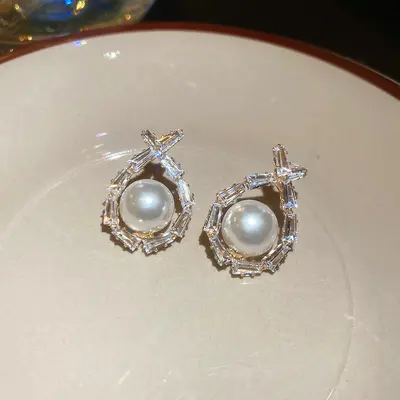 Zircon geometric pearl stud earrings, French style - 12