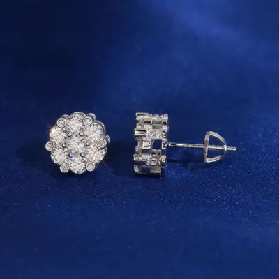 S925 Silver 10mm Flower Stud Earrings, Full VVS Moissanite Pave - 7