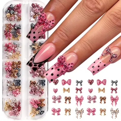 Cross-border New Arrival Nail Accessories, Ins Style Spicy Girl Polka Dot Leopard Print Bow 12-Grid Mixed Set 3D Nail Decorations