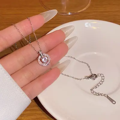 高级感超闪锆石钛钢项链女百搭小众气质银色锁骨链网红新款配饰品 - 7