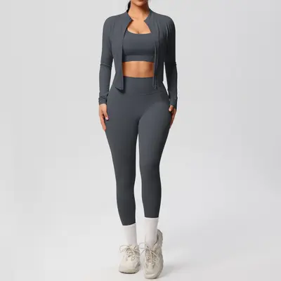 Dreiteiliges Yoga-Set hautfarben hochgeschnittene Taille - 12
