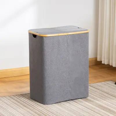 Foldable Oxford Fabric Laundry Basket with Bamboo Frame and Lid - 11
