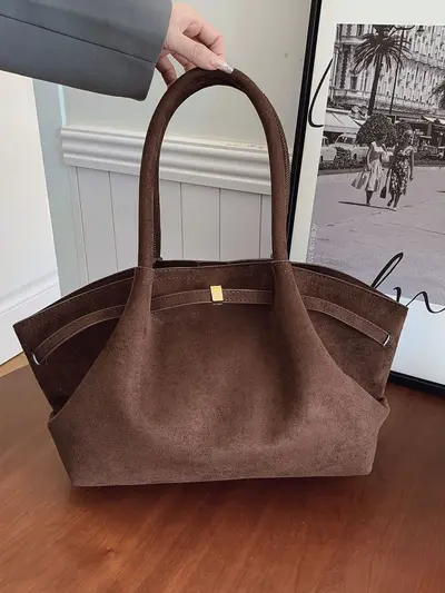 Women's Tote Handbag, Large Capacity, Suede-Look Pleated Underarm Bag - 6