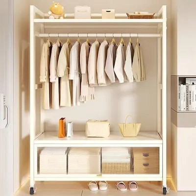Freestanding Coat Rack with Wheels, Movable Bedroom Clothes Rack