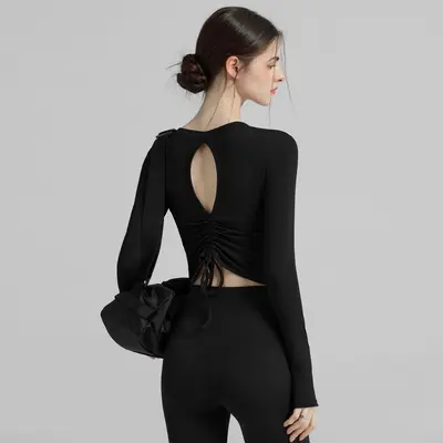 Women's Long-Sleeve Open-Back Yoga Top with Bra Pads - 6
