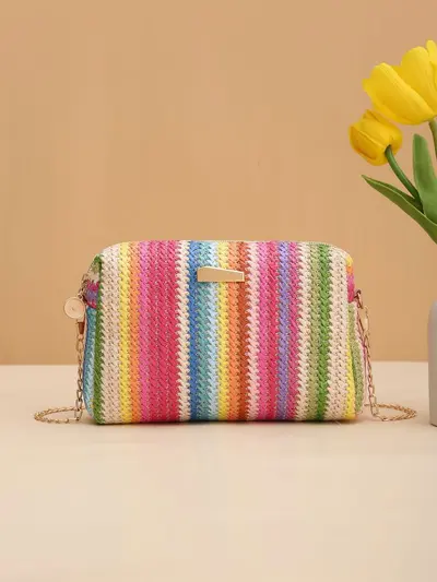 Bunte Strohtasche, Damen-Umhängetasche, Regenbogen-Design - 7