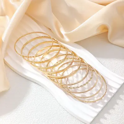 Embossed Geometric Multi-Layer Bracelet Set, 10 Pieces