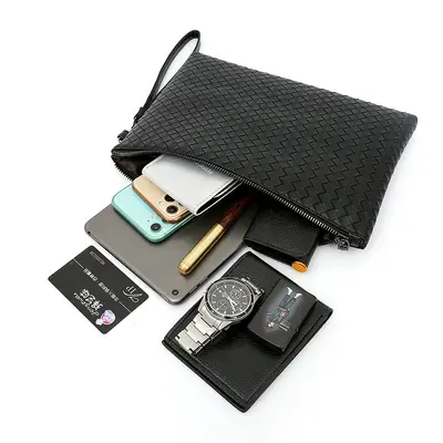 Men's Woven Hand Bag, Large Capacity Soft Leather Clutch Envelope Bag - 5