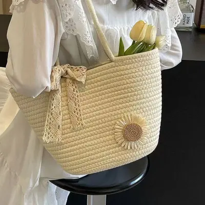 Women's Large Capacity Woven Straw Beach Shoulder Bag - 9