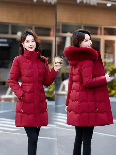 Damen-Winterjacke mit großem Pelzkragen, mittellang, Wintermodell 2026, modisch und schick, Daunen-Watteparka, warme Außenjacke, auf Lager