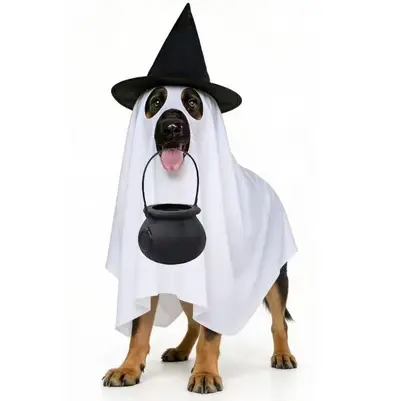 Halloween köpek hayalet kostümü, pelerin ve cadı şapkası - 7