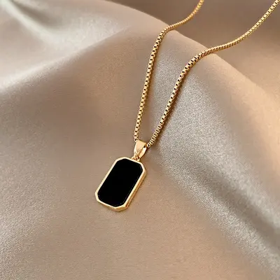Titanium steel necklace for women, black tag design, 18K gold - 7