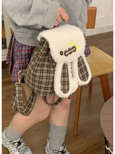 Women's Winter Woolen Plaid Mini Backpack with Cute Rabbit Plush - 1