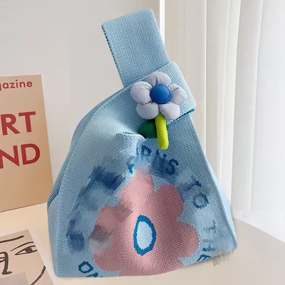 Korean-Style Large-Capacity Knitted Flower Tote Bag - 4