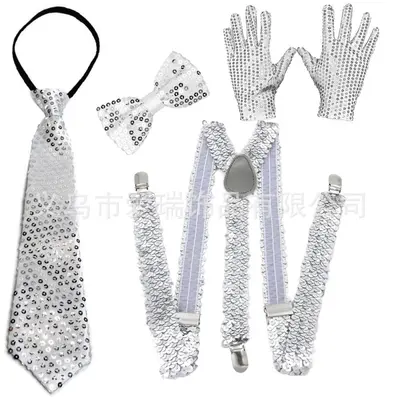 1970s Disco Party Sequin Hat, Gloves, Bow Tie and Shoulder Straps Set