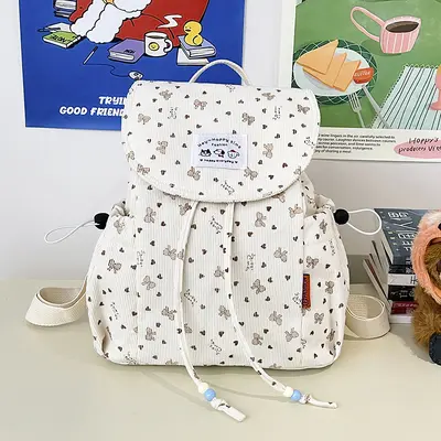 Japanese-Style Bow Corduroy Women's Backpack - 7