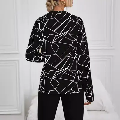 Women's Loose Line Print V-Neck Long Sleeve Shirt
