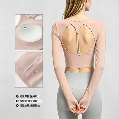 Women's fitness yoga top long sleeve open back - 2