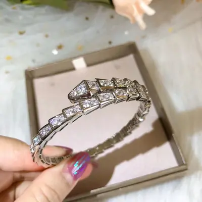 Snake-shaped bracelet with full rhinestones, 18k gold plating - 8