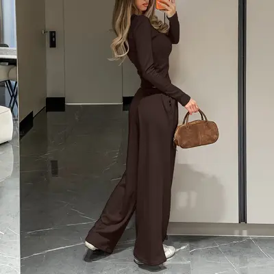 Schlafanzug-Set aus Strick-Samt mit Rippen, langarm und lange Hose