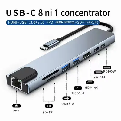Cross-border Type C8-in-1 Docking Station USB Converter, Same Screen Network Card Laptop Eight-in-One Docking Station RJ45
