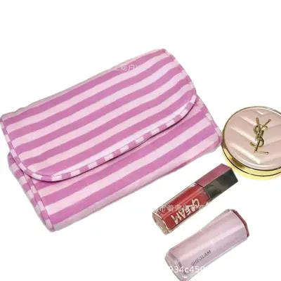 Pink Striped Mirror Cosmetic Bag, Large Capacity, Portable 3D Storage